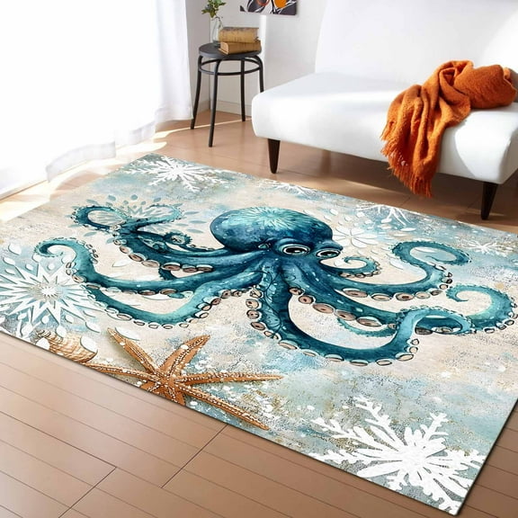 Area Rugs Indoor Non-Slip Rectangle Rug 5x7 Ft Teal Turquoise Octopus Rug Rubber Backing Floor Mats Non Shedding Home Decor Carpet for Entryway Living Room