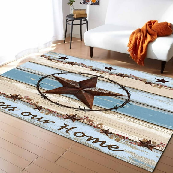 Area Rugs Indoor Non-Slip Rectangle Rug 5x7 Ft Texas Star Countryside Star Farmhouse Wood Grain Rug Rubber Backing Floor Mats Non Shedding Home Decor Carpet for Entryway Living Room