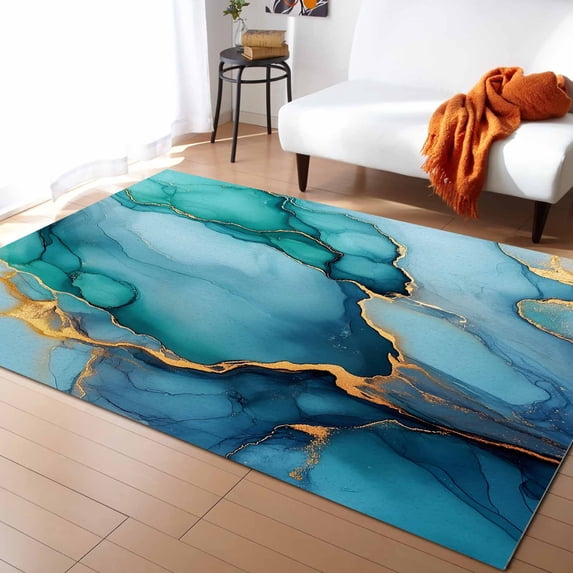 Area Rugs Indoor Non-Slip Rectangle Rug 5x7 Ft Turquoise Marble Gold Foil Modern Abstract Rug Rubber Backing Floor Mats Non Shedding Home Decor Carpet for Entryway Living Room