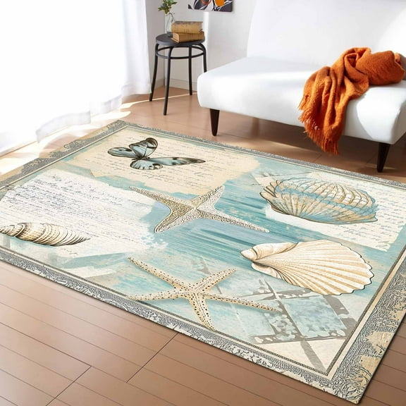 Area Rugs Indoor Non-Slip Rectangle Rug 5x7 Ft Vintage Coastal Ocean Shell Butterfly Starfish Retro Blue Rug Rubber Backing Floor Mats Non Shedding Home Decor Carpet for Entryway Living Room