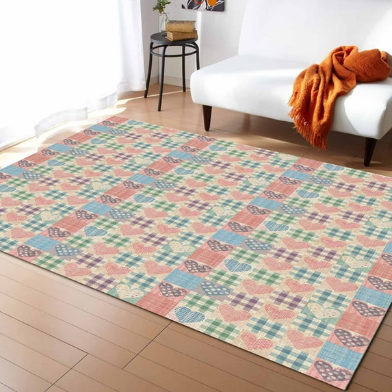 Area Rugs Indoor Non-Slip Rectangle Rug 5x7 Ft Vintage Patchwork Pink Love Checkered Linen Rug Rubber Backing Floor Mats Non Shedding Home Decor Carpet for Entryway Living Room