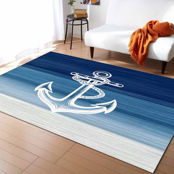 Area Rugs Indoor Non-Slip Rectangle Rug 5x7 Ft White Anchor Blue Ocean Nautical Gradient Rug Rubber Backing Floor Mats Non Shedding Home Decor Carpet for Entryway Living Room