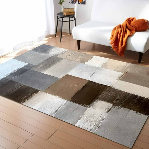 Area Rugs Indoor Non-Slip Rectangle Rug 5x8 Ft Abstract Brown Beige Color Block Geometric Plaid Contemporary Rug Rubber Backing Floor Mats Non Shedding Home Decor Carpet for Entryway Living Room