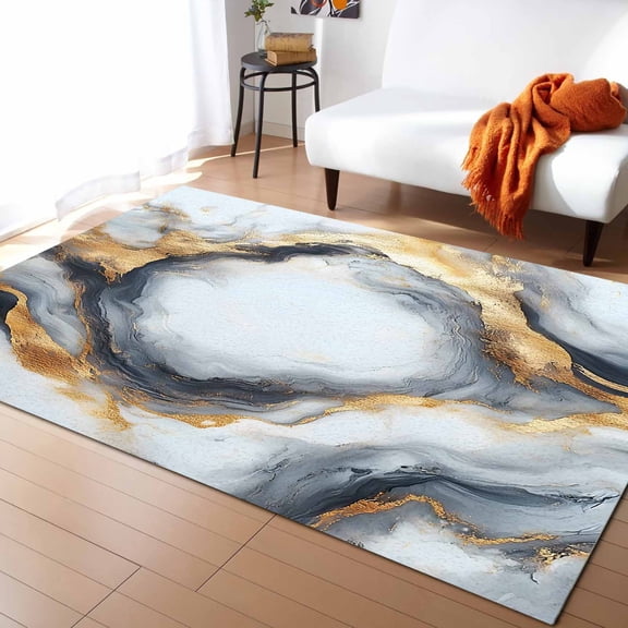 Area Rugs Indoor Non-Slip Rectangle Rug 5x8 Ft Abstract Impressionist Gary Gold Marble Texture Rug Rubber Backing Floor Mats Non Shedding Home Decor Carpet for Entryway Living Room