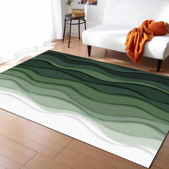 Area Rugs Indoor Non-Slip Rectangle Rug 5x8 Ft Abstract Sage Green Gradient Ocean Waves Sandy Beach Rug Rubber Backing Floor Mats Non Shedding Home Decor Carpet for Entryway Living Room