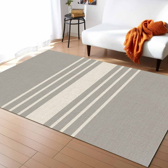 Area Rugs Indoor Non-Slip Rectangle Rug 5x8 Ft Abstract Style Simple Striped Brown Linen Rug Rubber Backing Floor Mats Non Shedding Home Decor Carpet for Entryway Living Room