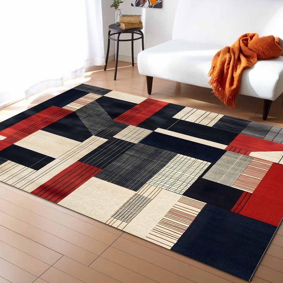 Area Rugs Indoor Non-Slip Rectangle Rug 5x8 Ft Art Deco Abstract Red Black Stripe White Square Rug Rubber Backing Floor Mats Non Shedding Home Decor Carpet for Entryway Living Room