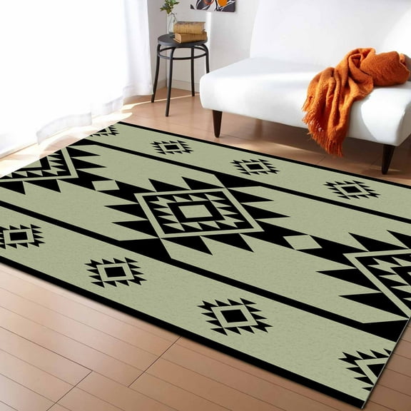 Area Rugs Indoor Non-Slip Rectangle Rug 5x8 Ft Aztec Triangle Pattern Green Black Western Tribal Rug Rubber Backing Floor Mats Non Shedding Home Decor Carpet for Entryway Living Room