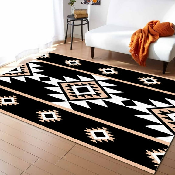 Area Rugs Indoor Non-Slip Rectangle Rug 5x8 Ft Aztec Triangle Pattern Pink Black White Western Tribal Rug Rubber Backing Floor Mats Non Shedding Home Decor Carpet for Entryway Living Room