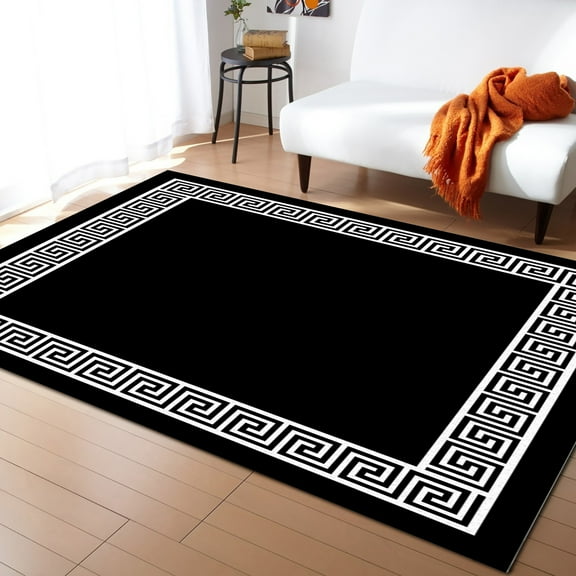 Area Rugs Indoor Non-Slip Rectangle Rug 5x8 Ft Black Greek Chinese Style Border Geometric Rug Rubber Backing Floor Mats Non Shedding Home Decor Carpet for Entryway Living Room