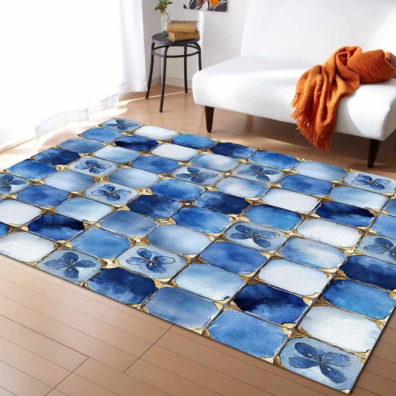 Area Rugs Indoor Non-Slip Rectangle Rug 5x8 Ft Blue Crystal Flower Irregular Texture Rug Rubber Backing Floor Mats Non Shedding Home Decor Carpet for Entryway Living Room