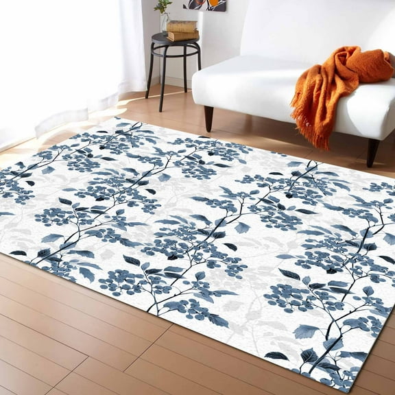 Area Rugs Indoor Non-Slip Rectangle Rug 5x8 Ft Blue Floral Leaf Vintage Flowers Decor Rug Rubber Backing Floor Mats Non Shedding Home Decor Carpet for Entryway Living Room