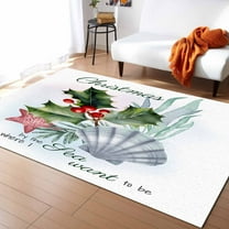 Area Rugs Indoor Non-Slip Rectangle Rug 5x8 Ft Christmas Poinsettia Starfish Shell Marine Life Watercolor Rug Rubber Backing Floor Mats Non Shedding Home Decor Carpet for Entryway Living Room