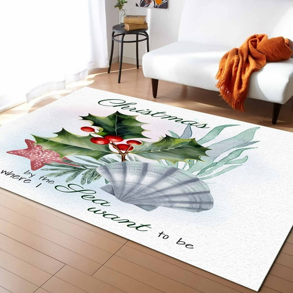 Area Rugs Indoor Non-Slip Rectangle Rug 5x8 Ft Christmas Poinsettia Starfish Shell Marine Life Watercolor Rug Rubber Backing Floor Mats Non Shedding Home Decor Carpet for Entryway Living Room