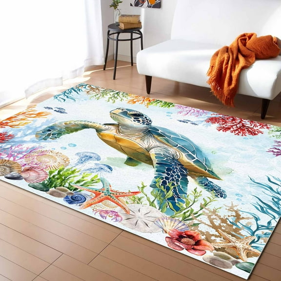 Area Rugs Indoor Non-Slip Rectangle Rug 5x8 Ft Coastal Sea Turtle Rug Rubber Backing Floor Mats Non Shedding Home Decor Carpet for Entryway Living Room
