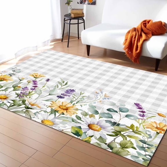 Area Rugs Indoor Non-Slip Rectangle Rug 5x8 Ft Country Daisy Wildflowers Leaves Farm Plant Grey Plaid Rug Rubber Backing Floor Mats Non Shedding Home Decor Carpet for Entryway Living Room