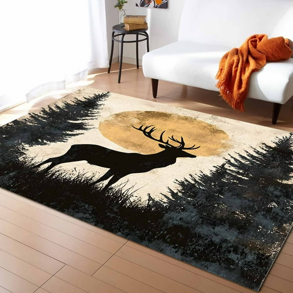 Area Rugs Indoor Non-Slip Rectangle Rug 5x8 Ft Elk Deer Forest Rug Rubber Backing Floor Mats Non Shedding Home Decor Carpet for Entryway Living Room
