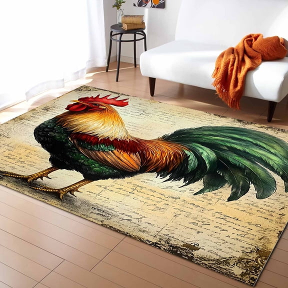 Area Rugs Indoor Non-Slip Rectangle Rug 5x8 Ft Farmhouse Rooster Vintage Rustic Country Chicken Rug Rubber Backing Floor Mats Non Shedding Home Decor Carpet for Entryway Living Room