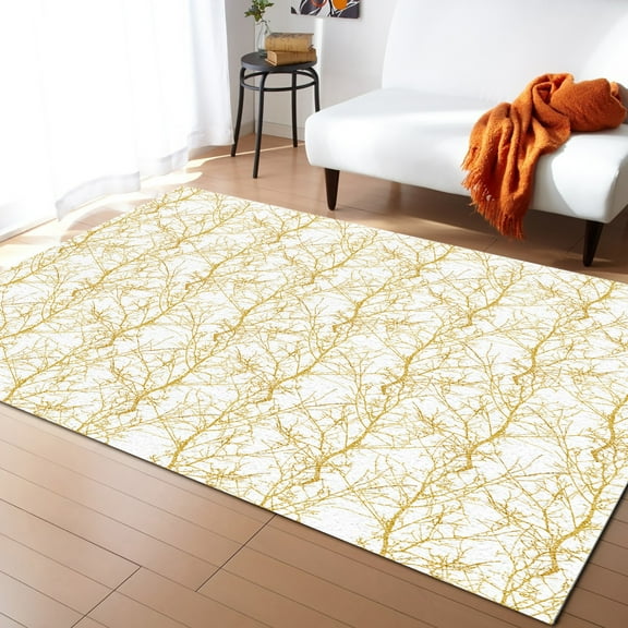 Area Rugs Indoor Non-Slip Rectangle Rug 5x8 Ft Gradient Gold Tree Branch Rug Rubber Backing Floor Mats Non Shedding Home Decor Carpet for Entryway Living Room