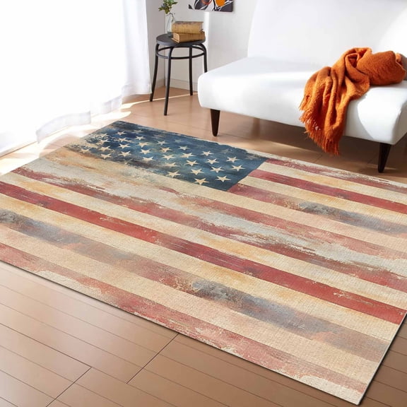 Area Rugs Indoor Non-Slip Rectangle Rug 5x8 Ft Independence Day Retro Country USA Flag Memorial Day Rug Rubber Backing Floor Mats Non Shedding Home Decor Carpet for Entryway Living Room