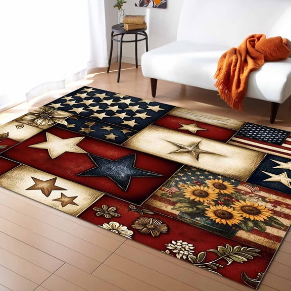 Area Rugs Indoor Non-Slip Rectangle Rug 5x8 Ft Independence Day Retro US Flag Sunflower Butterfly Pentagram Rug Rubber Backing Floor Mats Non Shedding Home Decor Carpet for Entryway Living Room