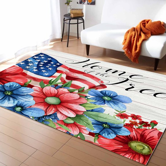 Area Rugs Indoor Non-Slip Rectangle Rug 5x8 Ft Independence Day USA Flag Red Blue Flower USA Flag Rug Rubber Backing Floor Mats Non Shedding Home Decor Carpet for Entryway Living Room
