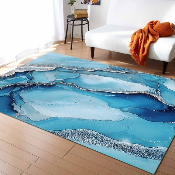 Area Rugs Indoor Non-Slip Rectangle Rug 5x8 Ft Marble Texture Blue Sage Green Shinny Modern Abstract Rug Rubber Backing Floor Mats Non Shedding Home Decor Carpet for Entryway Living Room