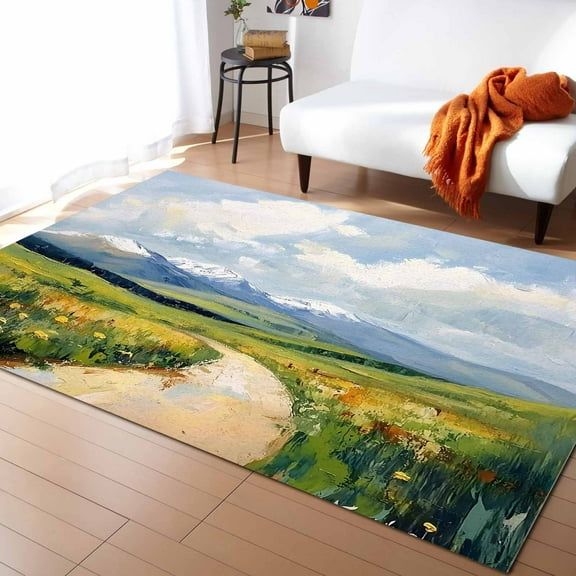Area Rugs Indoor Non-Slip Rectangle Rug 5x8 Ft Mountain Yellow Flower Scenery Grass Impressionist Style Rug Rubber Backing Floor Mats Non Shedding Home Decor Carpet for Entryway Living Room