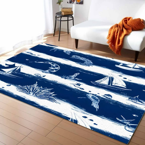 Area Rugs Indoor Non-Slip Rectangle Rug 5x8 Ft Nautical Boat Ocean Coastal Coral Navy Gradient Striped Rug Rubber Backing Floor Mats Non Shedding Home Decor Carpet for Entryway Living Room