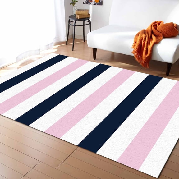 Area Rugs Indoor Non-Slip Rectangle Rug 5x8 Ft Navy Blue Pink Striped Modern Abstract Rug Rubber Backing Floor Mats Non Shedding Home Decor Carpet for Entryway Living Room