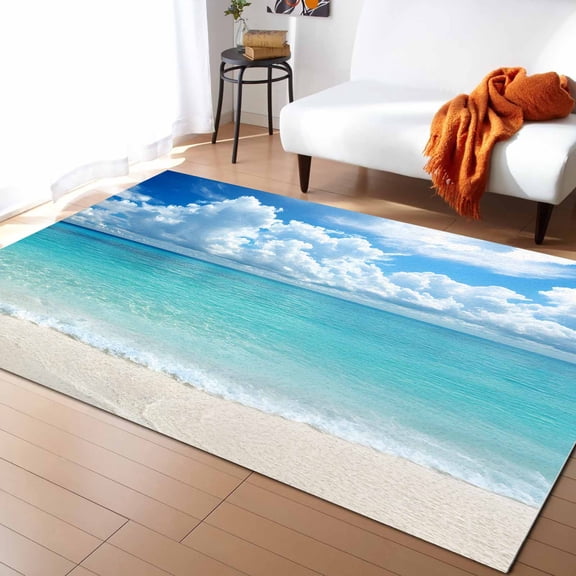 Area Rugs Indoor Non-Slip Rectangle Rug 5x8 Ft Ocean Beach Nature Summer Sky Cloud Rug Rubber Backing Floor Mats Non Shedding Home Decor Carpet for Entryway Living Room