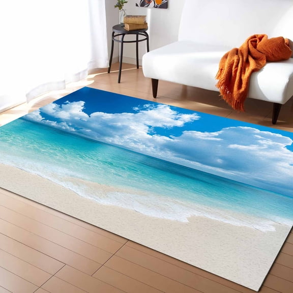 Area Rugs Indoor Non-Slip Rectangle Rug 5x8 Ft Ocean Beach Summer Nature Sea Sky Cloud Scenery Rug Rubber Backing Floor Mats Non Shedding Home Decor Carpet for Entryway Living Room