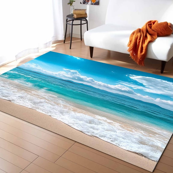 Area Rugs Indoor Non-Slip Rectangle Rug 5x8 Ft Ocean Sea Wave Blue Sky White Cloud Beach Sandy Modern Rug Rubber Backing Floor Mats Non Shedding Home Decor Carpet for Entryway Living Room