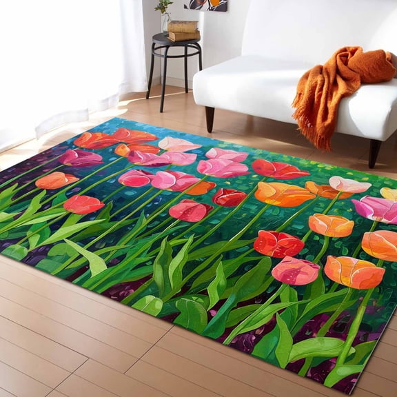 Area Rugs Indoor Non-Slip Rectangle Rug 5x8 Ft Oil Painting Red Orange Floral Green Plants Gradient Rug Rubber Backing Floor Mats Non Shedding Home Decor Carpet for Entryway Living Room