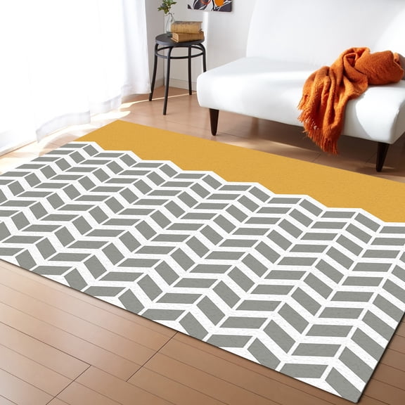 Area Rugs Indoor Non-Slip Rectangle Rug 5x8 Ft Orange Grey Herringbone Abstract Rug Rubber Backing Floor Mats Non Shedding Home Decor Carpet for Entryway Living Room
