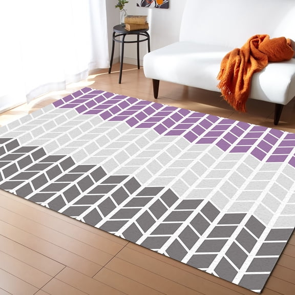 Area Rugs Indoor Non-Slip Rectangle Rug 5x8 Ft Purple Grey Herringbone Quadrangle Geometric Abstract Rug Rubber Backing Floor Mats Non Shedding Home Decor Carpet for Entryway Living Room