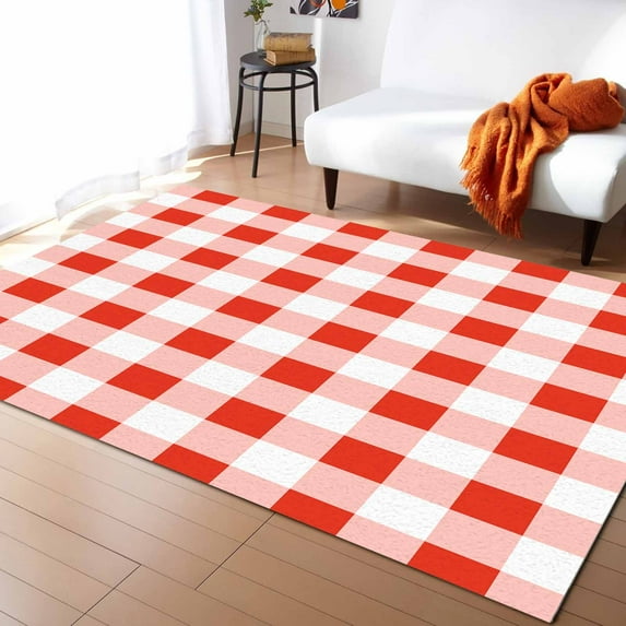 Area Rugs Indoor Non-Slip Rectangle Rug 5x8 Ft Red Plaid Red Gradient Line Check Geometric Rug Rubber Backing Floor Mats Non Shedding Home Decor Carpet for Entryway Living Room