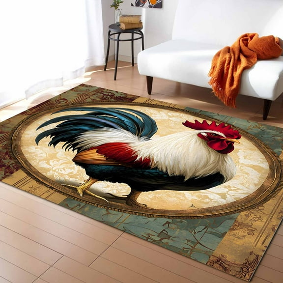 Area Rugs Indoor Non-Slip Rectangle Rug 5x8 Ft Rooster Vintage Rustic Farmhouse Rug Rubber Backing Floor Mats Non Shedding Home Decor Carpet for Entryway Living Room