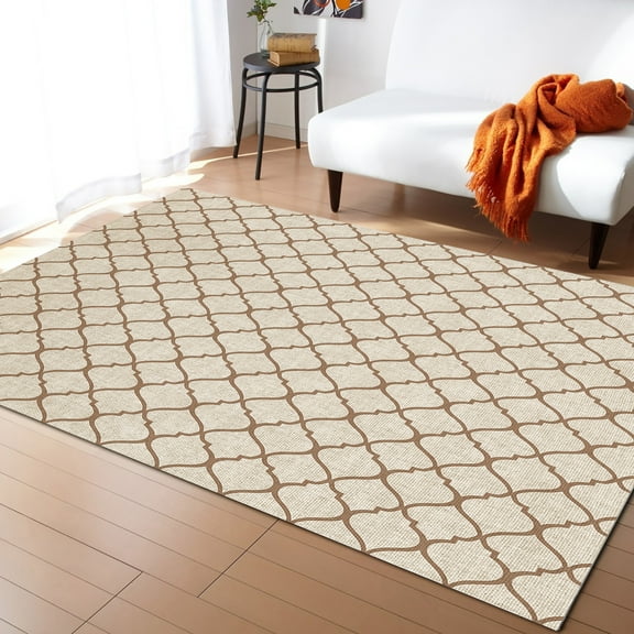 Area Rugs Indoor Non-Slip Rectangle Rug 5x8 Ft Rustic Moroccan Geometric Quatrefoil Khaki Lattice Rug Rubber Backing Floor Mats Non Shedding Home Decor Carpet for Entryway Living Room