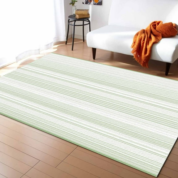 Area Rugs Indoor Non-Slip Rectangle Rug 5x8 Ft Sage Green Striped Rug Rubber Backing Floor Mats Non Shedding Home Decor Carpet for Entryway Living Room
