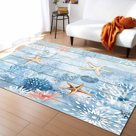Area Rugs Indoor Non-Slip Rectangle Rug 5x8 Ft Sea Animals Summer Ocean Beach Starfish Coral Wood Board Rug Rubber Backing Floor Mats Non Shedding Home Decor Carpet for Entryway Living Room