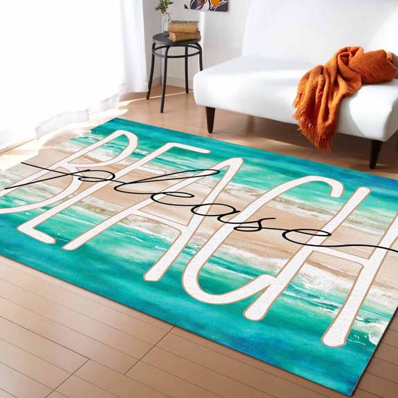 Area Rugs Indoor Non-Slip Rectangle Rug 5x8 Ft Summer Beach Peace Ocean Waves Turquoise Gradient Rug Rubber Backing Floor Mats Non Shedding Home Decor Carpet for Entryway Living Room
