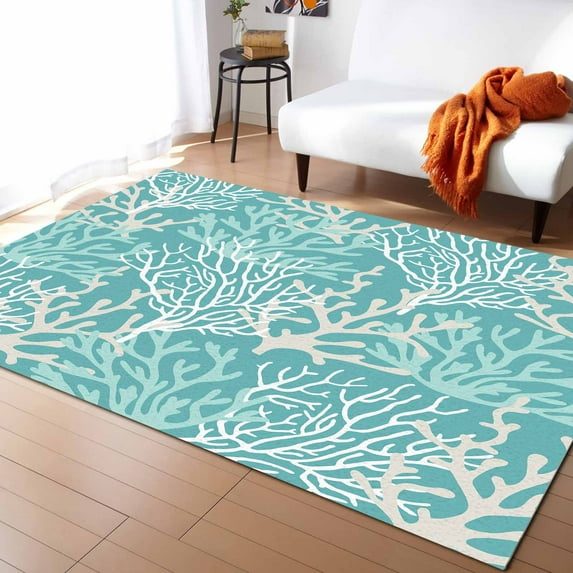 Area Rugs Indoor Non-Slip Rectangle Rug 5x8 Ft Summer Gradient Teal Ocean Coral Coastal Rug Rubber Backing Floor Mats Non Shedding Home Decor Carpet for Entryway Living Room