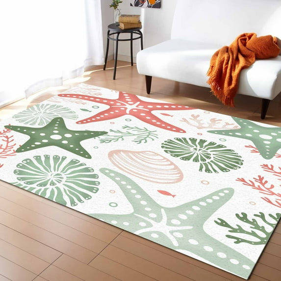 Area Rugs Indoor Non-Slip Rectangle Rug 5x8 Ft Summer Ocean Sage Green and Red Coral Starfish Seashells Rug Rubber Backing Floor Mats Non Shedding Home Decor Carpet for Entryway Living Room