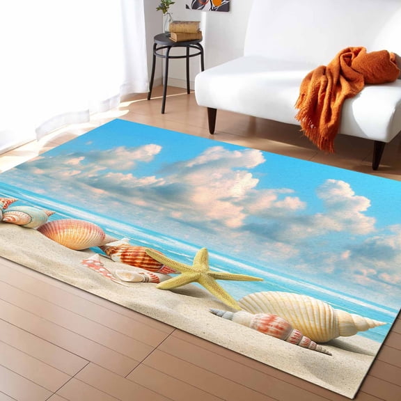 Area Rugs Indoor Non-Slip Rectangle Rug 5x8 Ft Summer Seaside Beach Shell Starfish Cloud Blue Sky Rug Rubber Backing Floor Mats Non Shedding Home Decor Carpet for Entryway Living Room