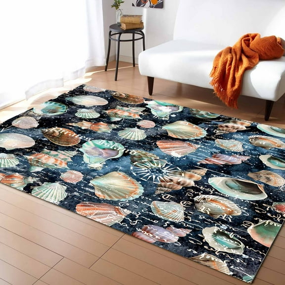 Area Rugs Indoor Non-Slip Rectangle Rug 5x8 Ft Summer Watercolor Ocean Seashell Blue Texture Rug Rubber Backing Floor Mats Non Shedding Home Decor Carpet for Entryway Living Room