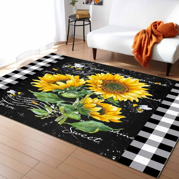 Area Rugs Indoor Non-Slip Rectangle Rug 5x8 Ft Sunflower Country Florals Bee Farmhouse Black Buffalo Plaid Rug Rubber Backing Floor Mats Non Shedding Home Decor Carpet for Entryway Living Room
