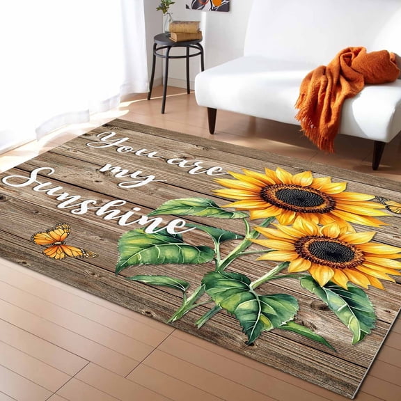 Area Rugs Indoor Non-Slip Rectangle Rug 5x8 Ft Sunflower You Are My Sun Shine Vintage Brown Stripe Wood Board Rug Rubber Backing Floor Mats Non Shedding Home Decor Carpet for Entryway Living Room