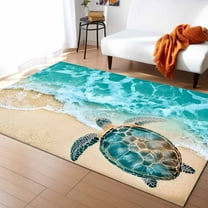 Area Rugs Indoor Non-Slip Rectangle Rug 5x8 Ft Teal Sea Turtle Beach Ocean Wave Summer Coastal Rug Rubber Backing Floor Mats Non Shedding Home Decor Carpet for Entryway Living Room