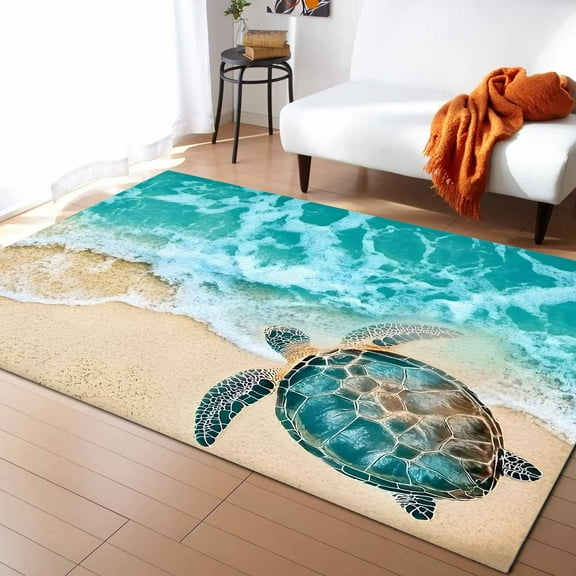 Area Rugs Indoor Non-Slip Rectangle Rug 5x8 Ft Teal Sea Turtle Beach Ocean Wave Summer Coastal Rug Rubber Backing Floor Mats Non Shedding Home Decor Carpet for Entryway Living Room
